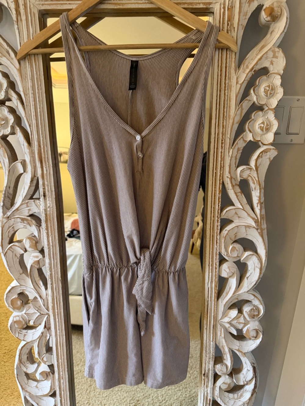 Smash + Tess Taupe Striped Tie-Waist Romper
